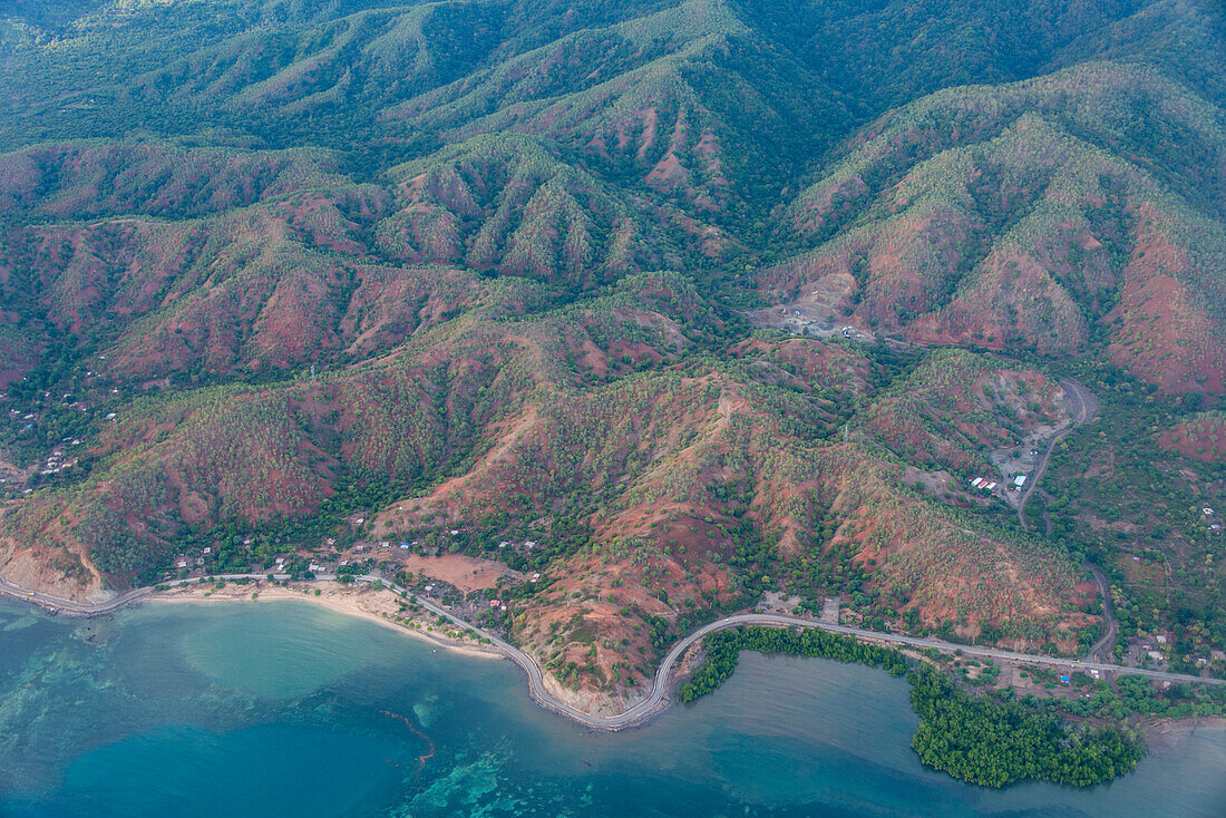 Aerial of the coastline of East Timor, Southeast Asia, Asia