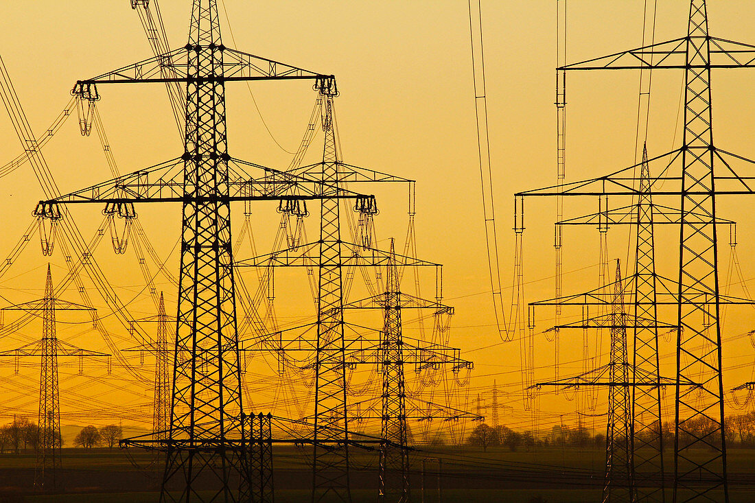 Pylons and power lines in morning light, Germany, Europe