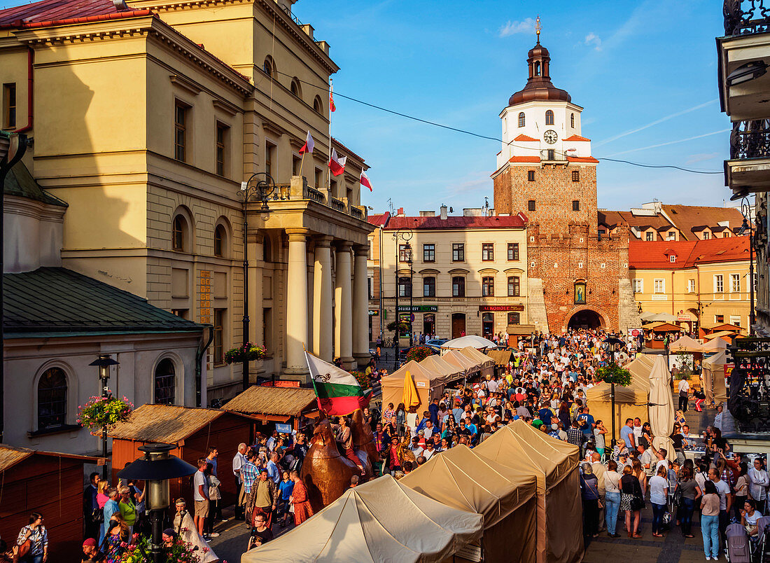 Krakowskie Przedmiescie Street, Jagiellonian Fair, City Hall and Krakow Gate, City of Lublin, Lublin Voivodeship, Poland, Europe