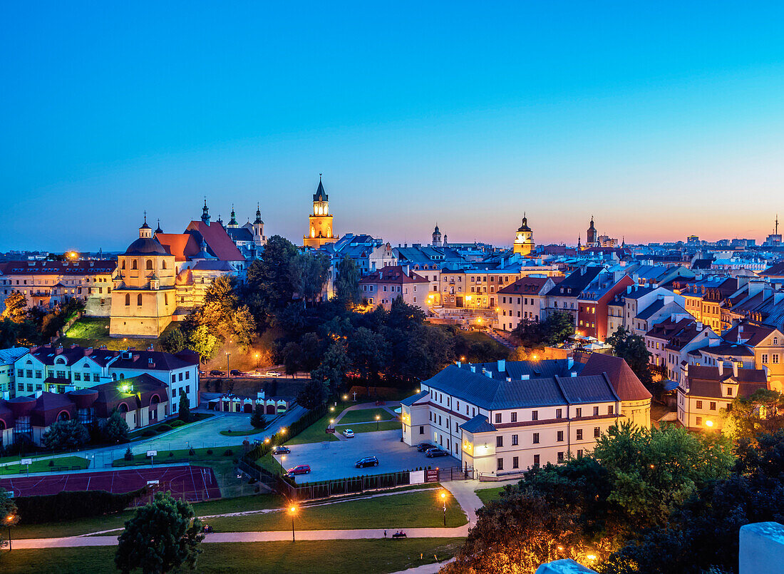 Old Town skyline at twilight, City of Lublin, Lublin Voivodeship, Poland, Europe