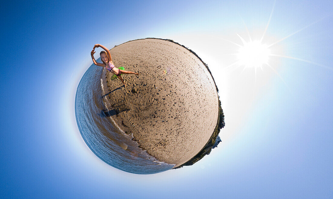 A 360 degree hyper panoramic of a young girl on the beach in Truro, Massachusetts.