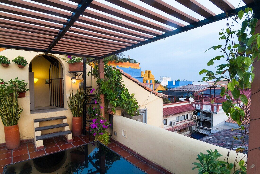 Roof top terrace at a hotel in the old city of Cartagena, Colombia, South America