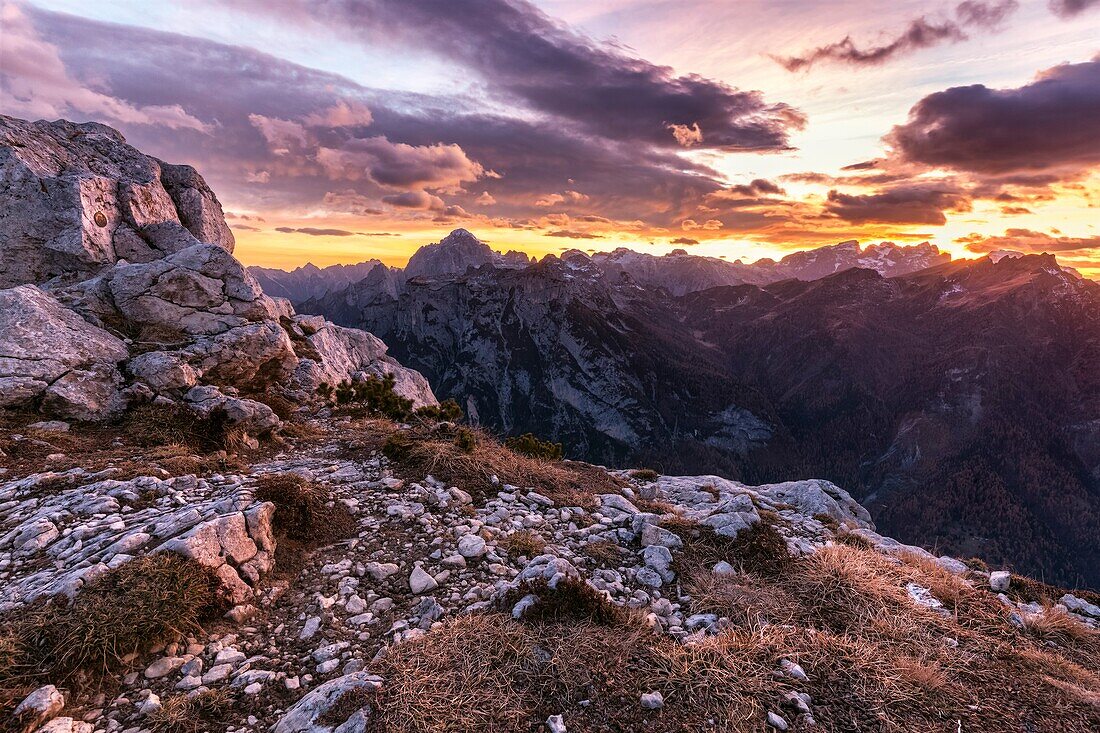Europe, Italy, Veneto, Belluno Landscape from Palazza Alta, Civetta goup, at sunset Dolomites