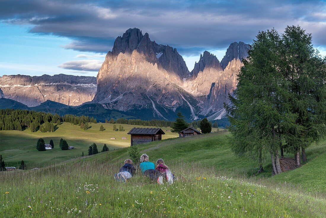 Alpe di Siusi Seiser Alm, Dolomites, South Tyrol, Italy Mountaineers on the Alpe di Siusi admire the alpenglow In the background the Sella, Sassolungo Langkofel and Sassopiatto Plattkofel