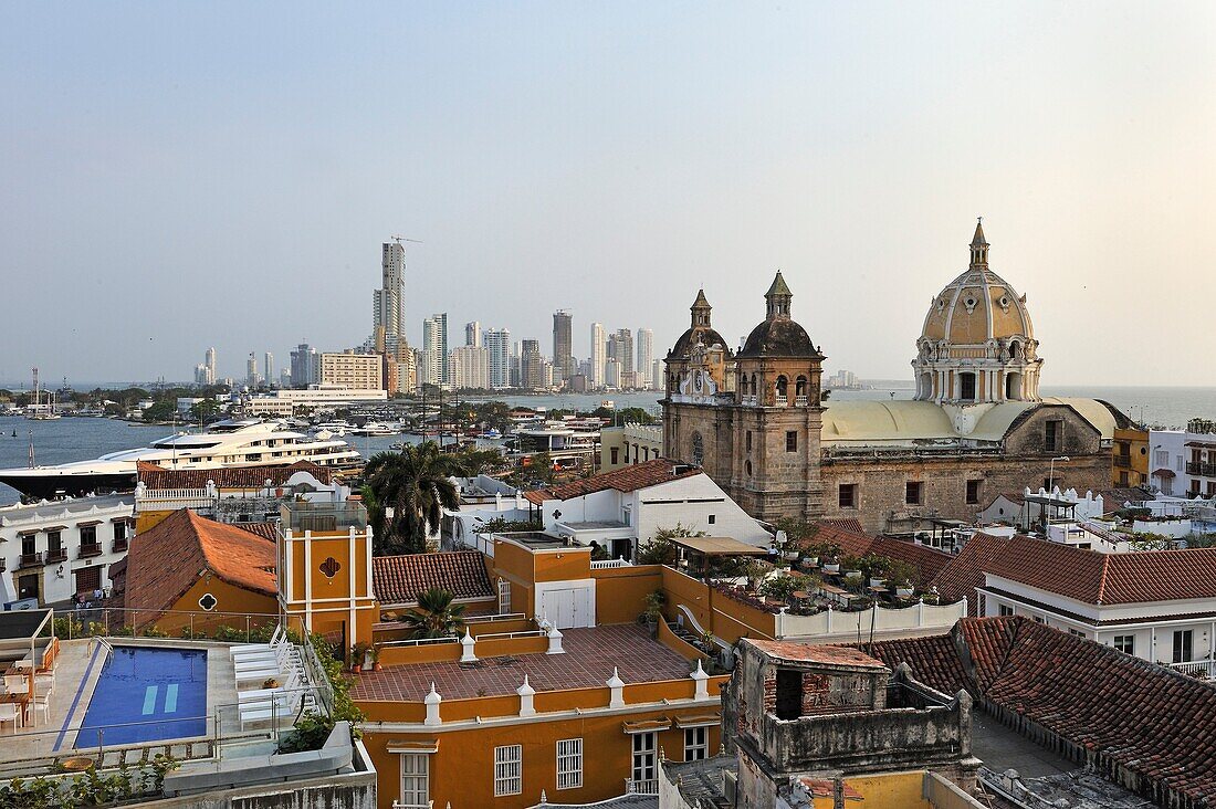 View toward the Church San Pedro Claver from the top of the Movich Hotel in the downtown colonial walled city, Cartagena, Colombia, South America