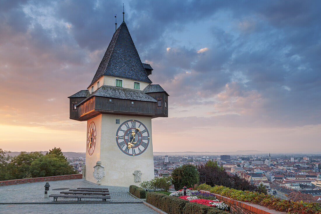 View from the Schlossberg of the clock tower Grazer Uhrenturm and the old town, Graz, Styria, Austria, Europe