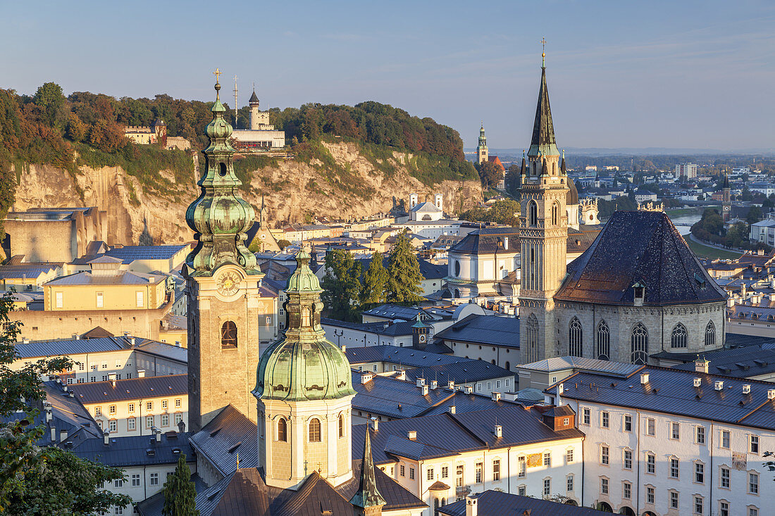 View from the fortress Hohensalzburg over the historic old town with collegiate church St. Peter and Franziskaner church, Salzburg, Austria, Europe