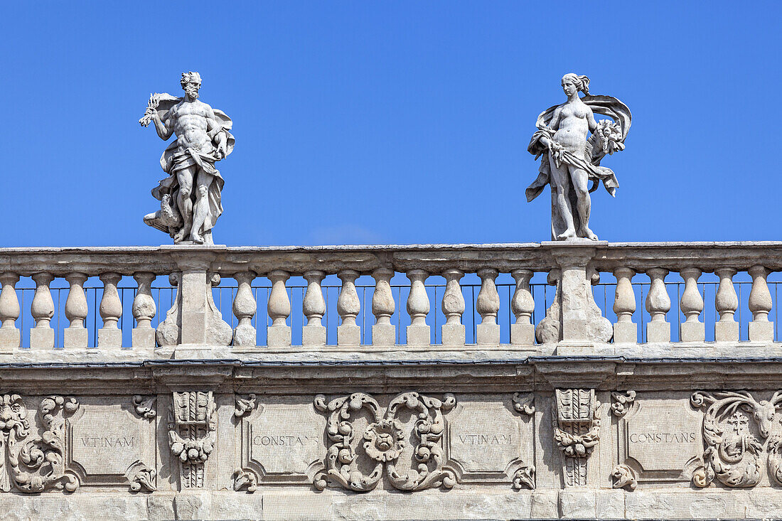 Magnificent facade of the Palazzo Maffei, Piazza delle Erbe in Verona, Veneto, Northern Italy, Italy, Southern Europe, Europe