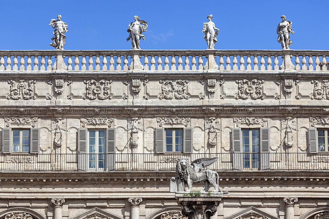 Magnificent facade of the Palazzo Maffei, Piazza delle Erbe in Verona, Veneto, Northern Italy, Italy, Southern Europe, Europe