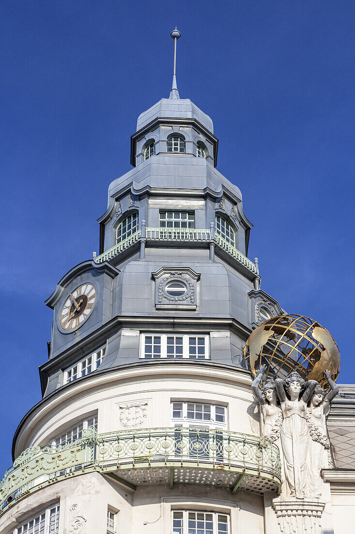 Sculpture with globe in front of palace Palais des Beaux Arts, Weißgerber district in Vienna, Eastern Austria, Austria, Europe