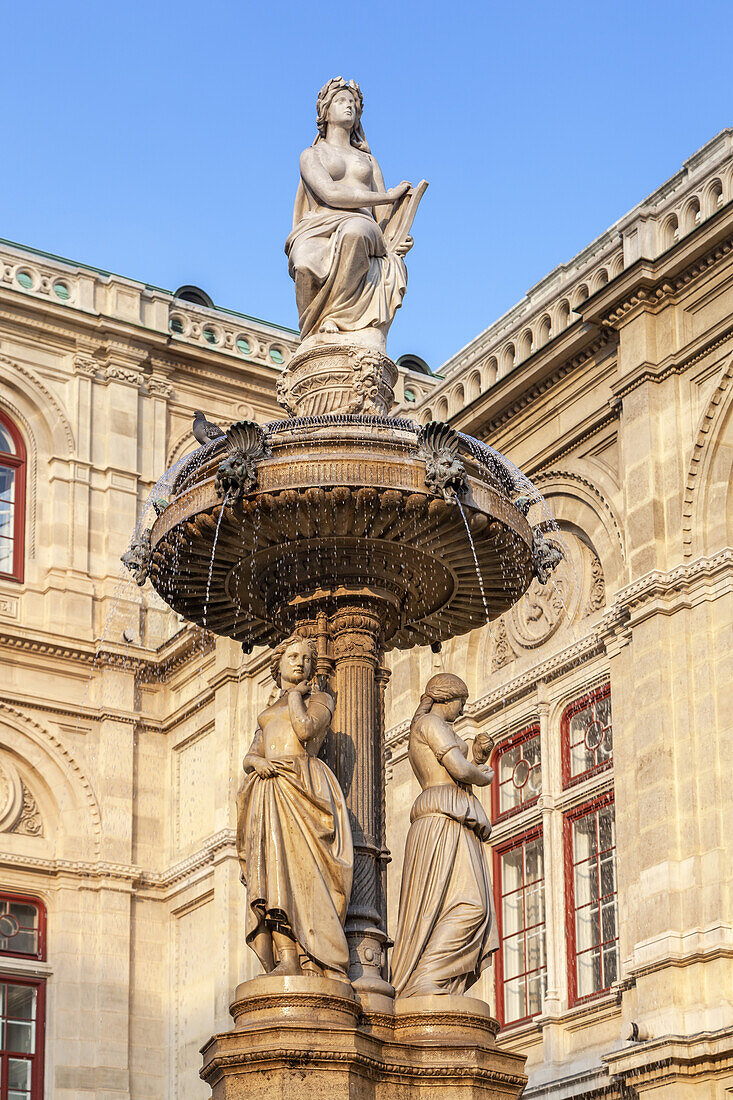 Fountain Opernbrunnen by the Vienna State Opera in the alley Operngasse, historic old town of Vienna, Eastern Austria, Austria, Europe