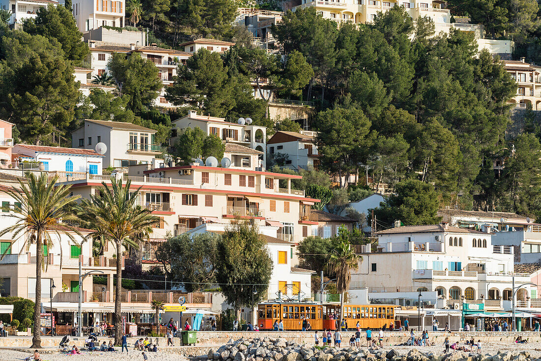 Blick vom Hafen auf die Promenade mit der alten Straßenbahn und den umliegenden Wohnhäusern, Port de Sóller, Mallorca, Spanien