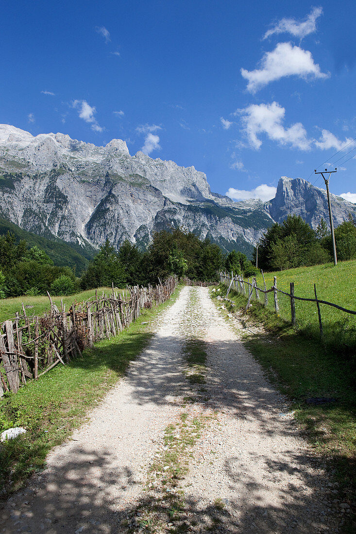 path leading to the mountains, Theth, Albanian alps, Albania
