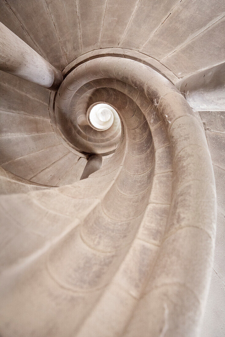 abstract view at spiral staircase at city hall, old town, Rothenburg ob der Tauber, romantic Franconia, Bavaria, Germany