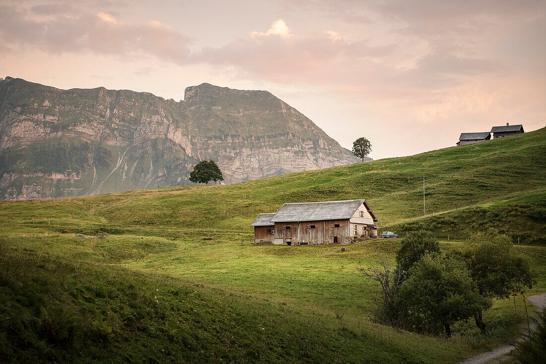 mountain hut, in background Saentis mountain range, canton St. Gallen, Switzerland, Europe