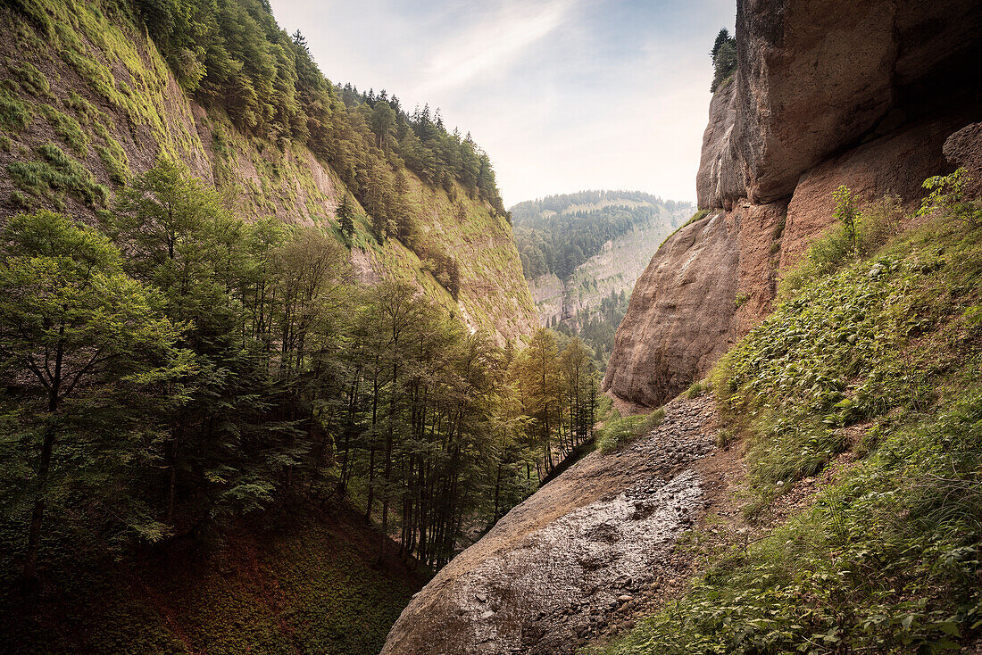 ' view out of natural wonder called ''Ofenloch'', canton St. Gallen, Switzerland, Europe'