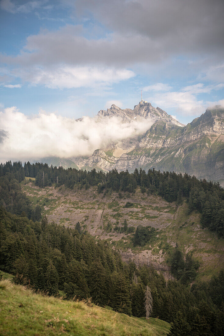 view at Saentis mountain range, canton St. Gallen, Switzerland, Europe