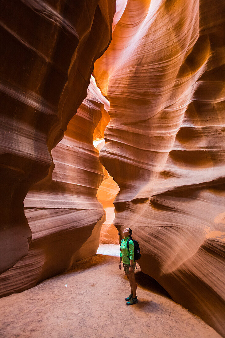 Girl visiting Upper Antelope Canyon, Navajo Tribal Park, Arizona, United States of America, North America