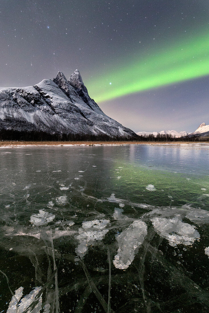 Ice bubbles of frozen sea and the snowy peak of Otertinden under the Northern Lights (aurora borealis), Oteren, Lyngen Alps, Troms, Norway, Scandinavia, Europe