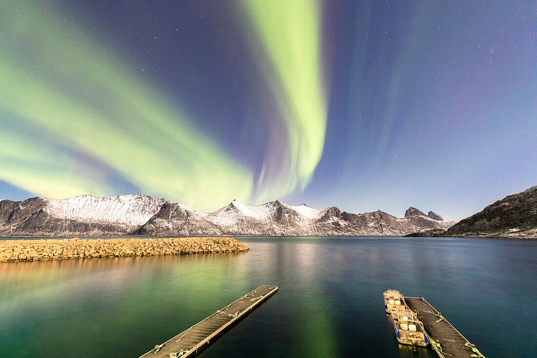 Nordlicht (Aurora Borealis) auf schneebedeckten Gipfeln und eisigem Meer entlang Mefjorden aus dem Dorf Mefjordvaer, Senja, Troms, Norwegen, Skandinavien, Europa