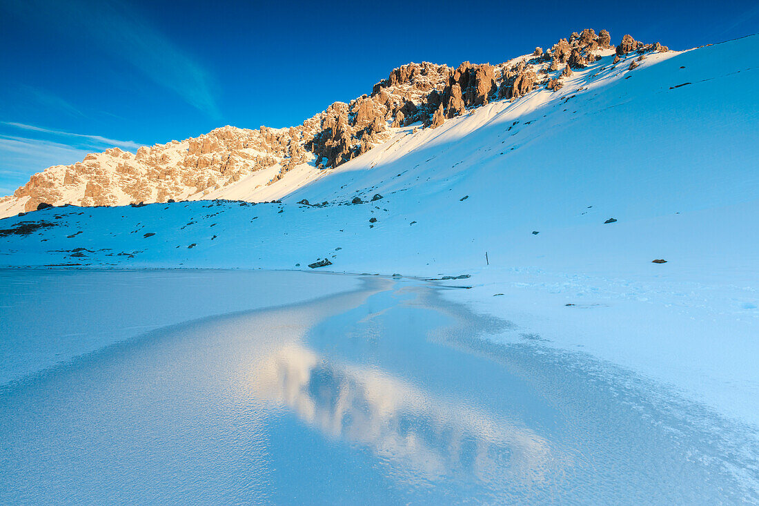 Snowy-Gipfel spiegelt sich im eisigen See, Piz Umbrail im Morgengrauen, Braulio-Tal, Valtellina, Lombardei, Italien, Europa