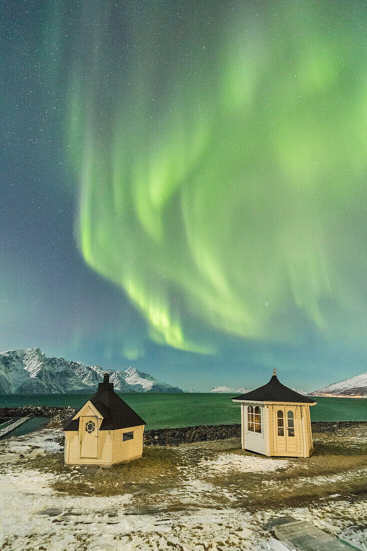 The Northern Lights (aurora borealis) and stars illuminate the wooden huts by icy sea, Djupvik, Lyngen Alps, Troms, Norway, Scandinavia, Europe