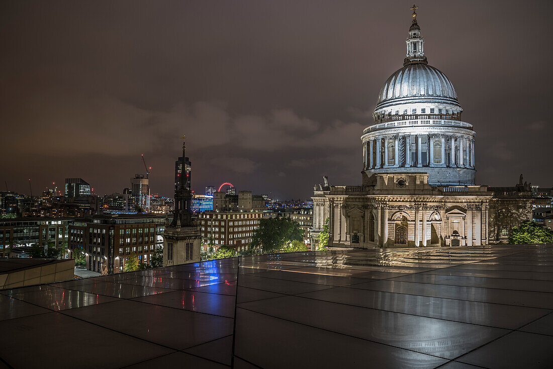 Floodlit dome of St. Pauls Cathedral at night from One New Change, City of London, London, England, United Kingdom, Europe