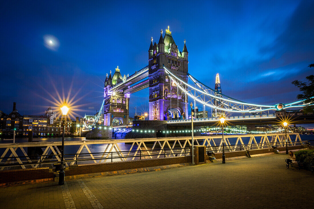 A moonlit evening in London with a view of Tower Bridge and the Shard behind, London, England, United Kingdom, Europe