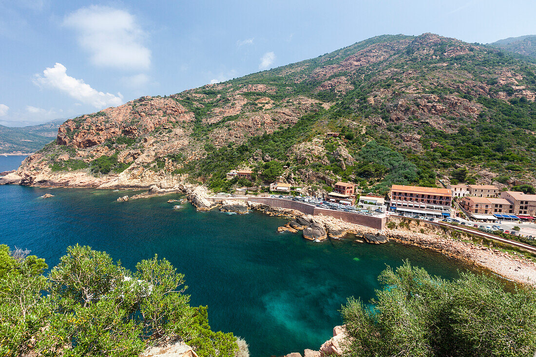 Top view of turquoise sea framed by green vegetation and the typical village of Porto, Southern Corsica, France, Mediterranean, Europe