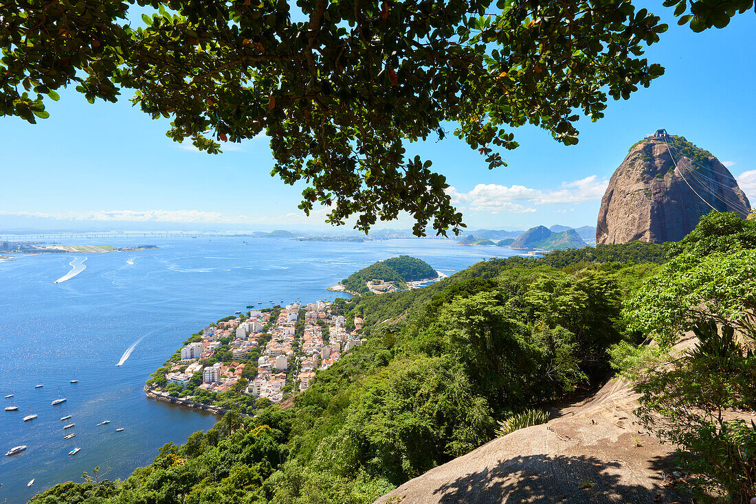 View from atop Morro da Urca with Sugarloaf mountain to the right, Rio de Janeiro, Brazil, South America