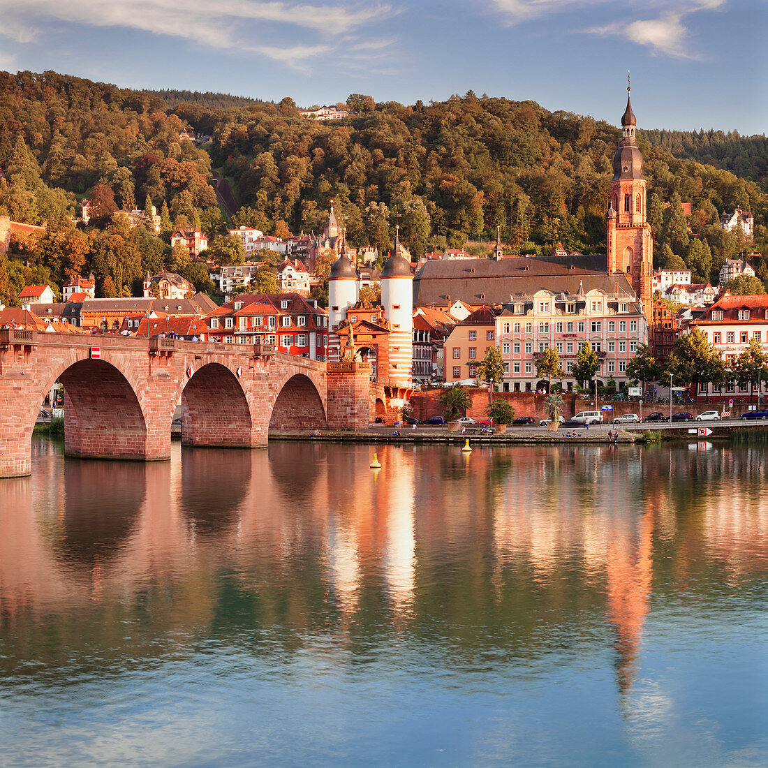 Old town with Karl-Theodor-Bridge (Old Bridge) and Castle, Neckar River, Heidelberg, Baden-Wurttemberg, Germany, Europe