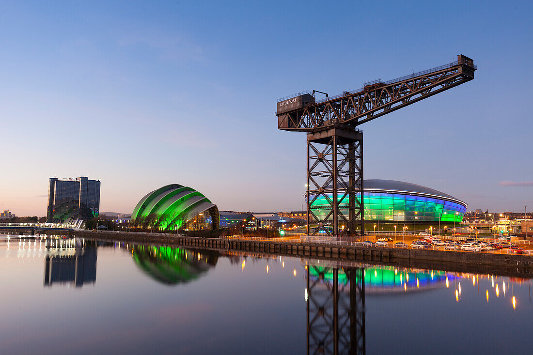 Sunset view of River Clyde, Finnieston Crane, The Hydro and the Armadillo, Glasgow, Scotland, United Kingdom, Europe