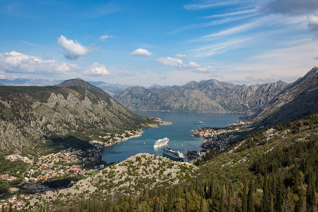 Cruise ships in the Bay of Kotor, UNESCO World Heritage Site, Montenegro, Europe