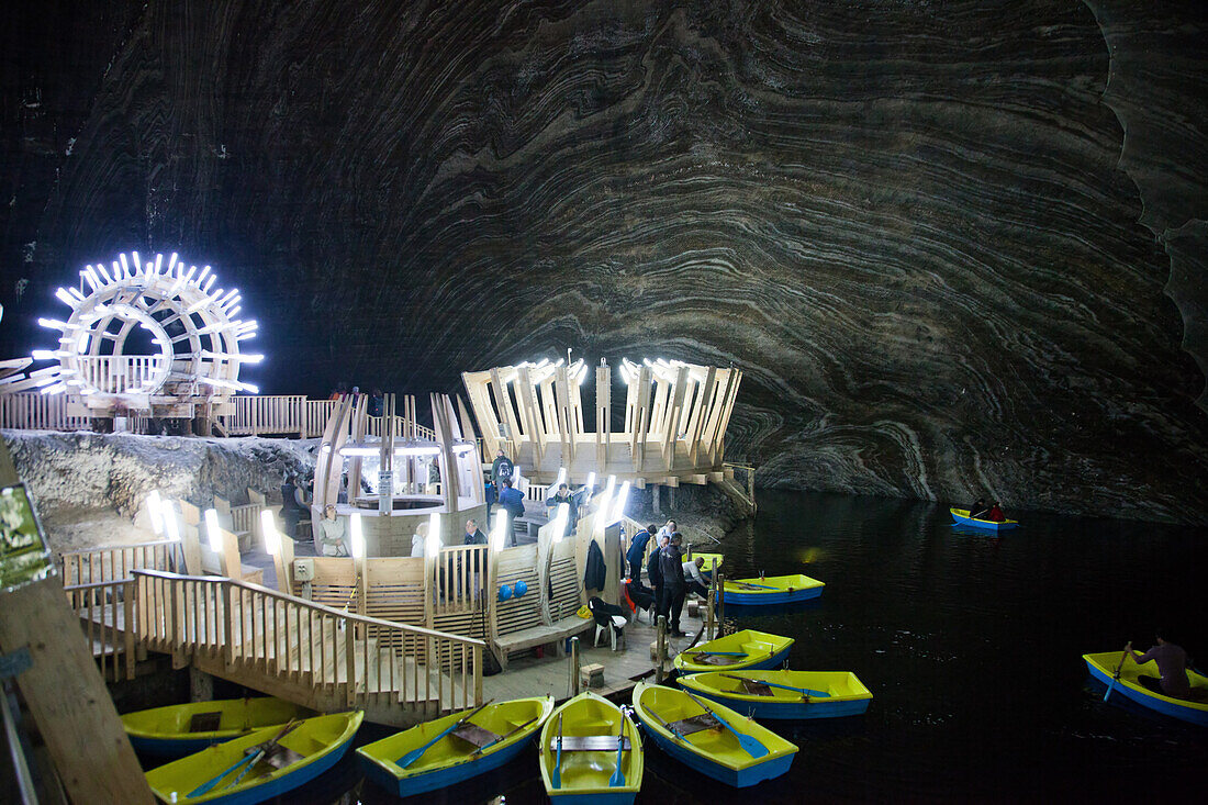 Underground lake in the Salt Mine, Salina Turda museum in Transylvania, Romania, Europe