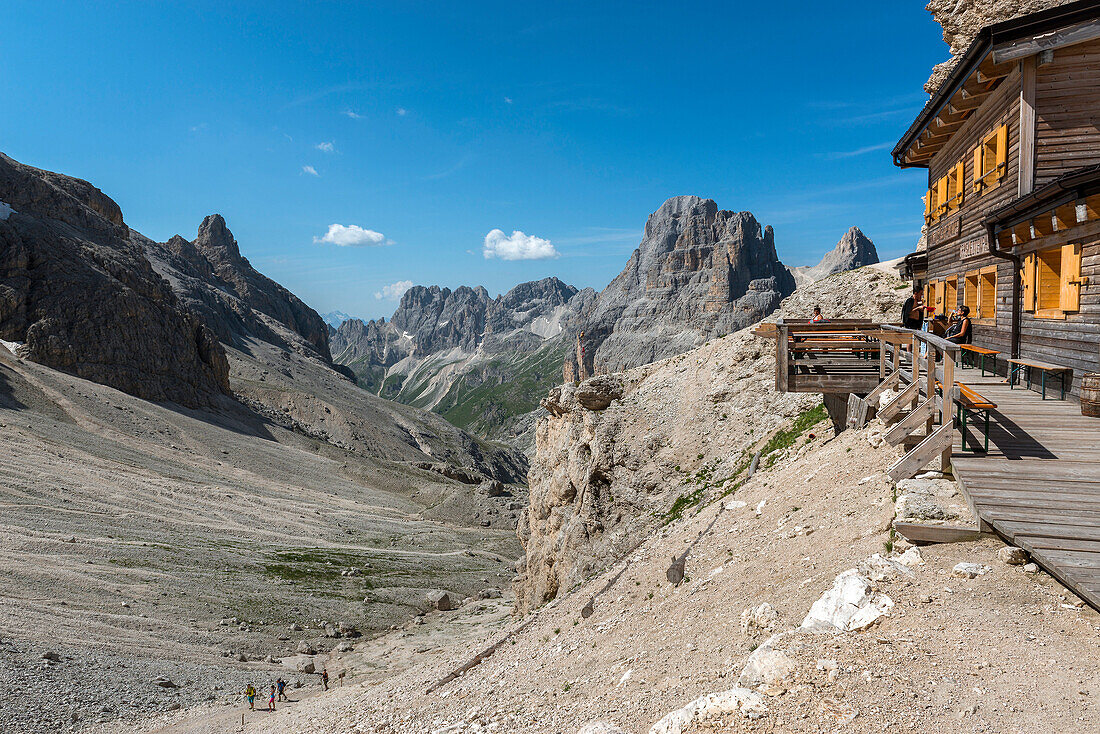 Panoramablick auf das Vajolet-Tal von der Priester-Zuflucht, Dolomiten, Italien