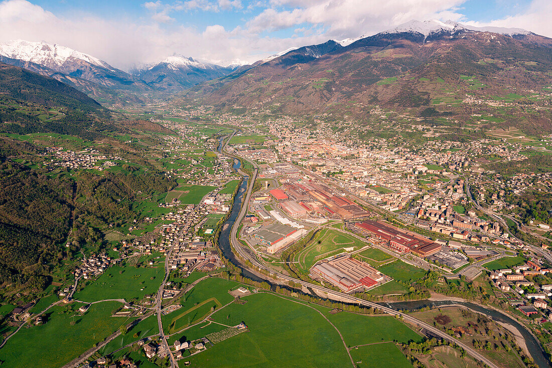 Aerial view of Aosta city, Aosta Valley, Italy, Europe