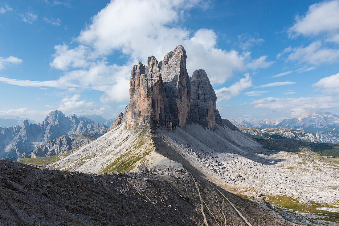 Europe, Italy, Dolomites, Veneto, Belluno, Tre Cime di Lavaredo seen from Trenches of the First World War on Mount Paterno