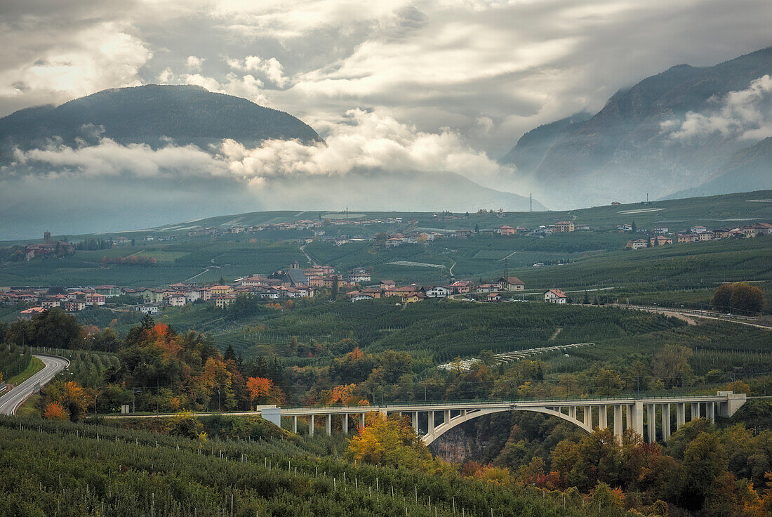 Italy, Trentino South Tyrol, autumn view of Non valley and S, Giustina bridge