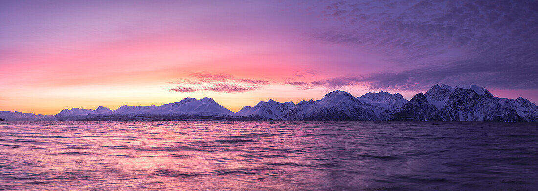 Panoramic view of the peaks overlooking the fjord, Nordmannvik, Kafjord, Lyngen Alps, Troms, Norway, Lapland, Europe