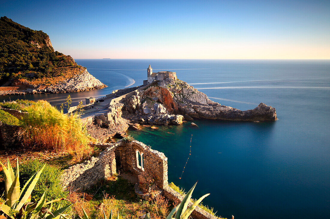 View of St, Peter church from the Portovenere Castle, Liguria, Italy