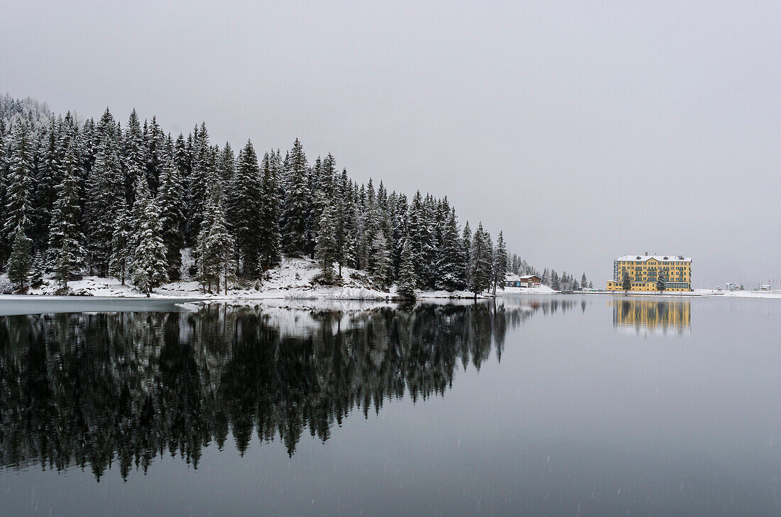 Misurina lake, Dolomites, Veneto, Italy, Misurina is reflected  in the lake