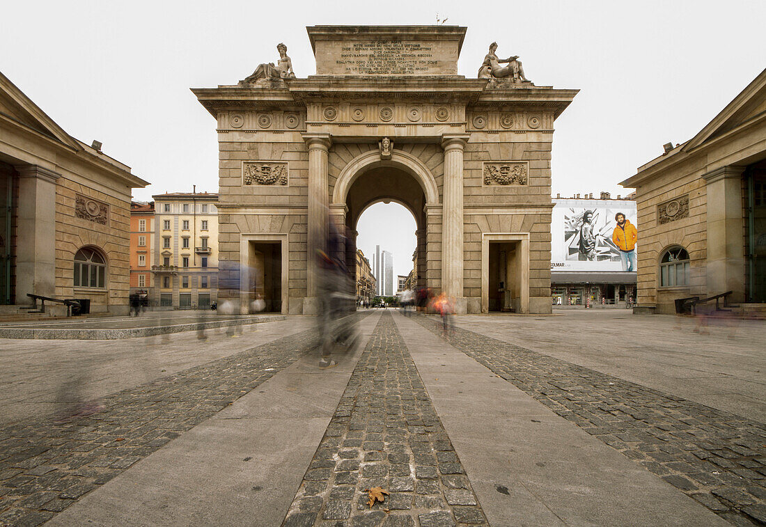 The Garibaldi Gate, old entrance of Milan City is in the center of XXV April square, Milan, Lombardy, Italy
