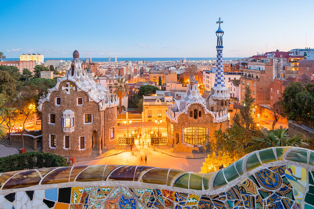 Barcelona, Catalonia, Spain, Southern Europe, Antonie Gaudi's architecture in Park Guell at dusk