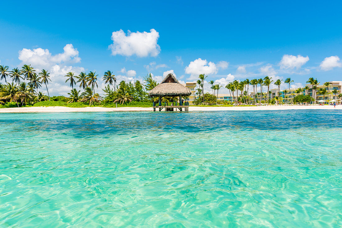 Playa Blanca, Punta Cana, Dominican Republic, Caribbean Sea, Thatched hut on the beach