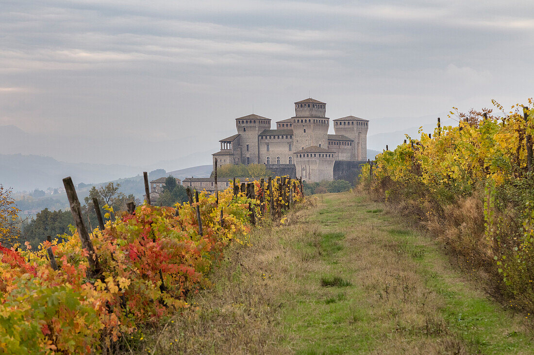 Autumn at the Castle of Torrechiara, Langhirano, Parma district, Emilia Romagna, Italy