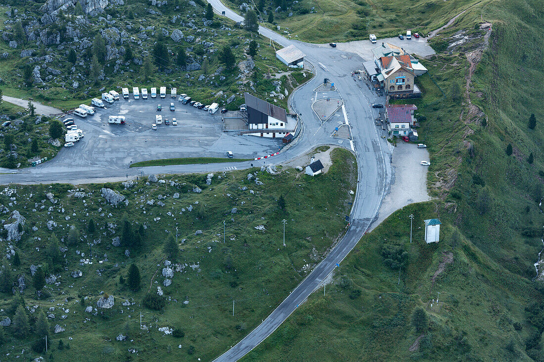 Europe, Italy, Veneto, Belluno, Cortina d Ampezzo, Dolomites, Aerial view on the Falzarego pass