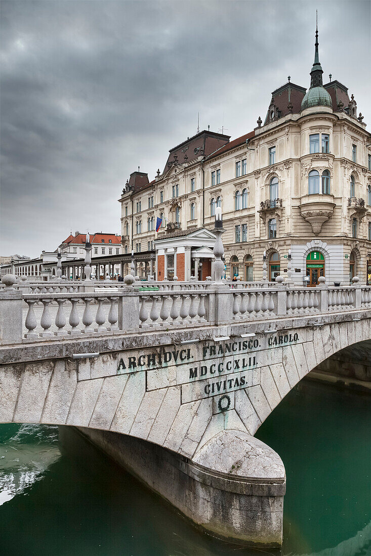 Europe, Slovenia, Tromostovje , Triple bridge, in the center of Ljubiana, capital city