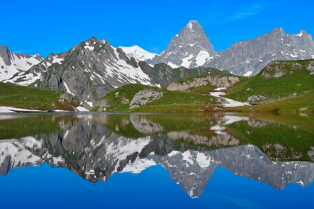 Mont Blanc in the mirror, Lac de Fenêtre, Mont Blanc and Grand Jorasses in the middle, Switzerland, Europe
