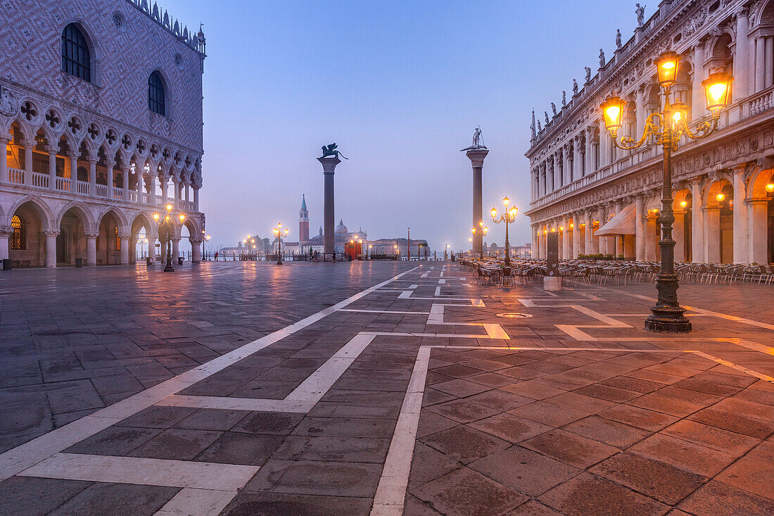 Europe, Italy, Veneto, Venice, Morning view of Piazzetta San Marco near St Marks Square with Doge's Palace
