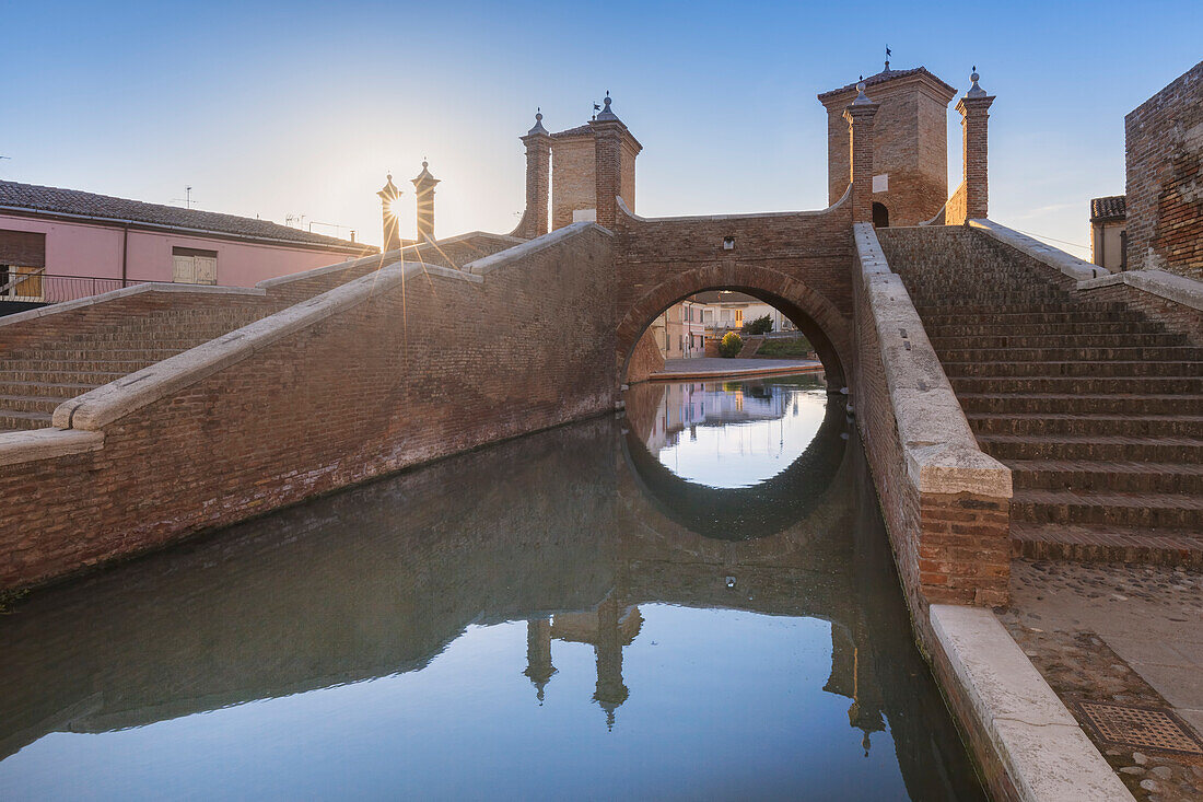 Europe, Italy, Emilia Romagna, Ferrara, Comacchio, The monumental three point bridge known as the Trepponti
